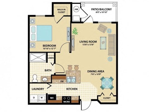 Floor plan for 1 bed, 1 bath, 805 sqft